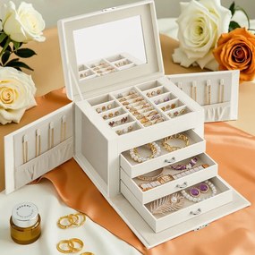 Caixa para joias de 4 níveis 17,5 x 22,5 x 16,5 cm com pega e espelho branco-creme