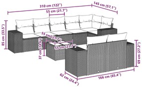 9 pcs conjunto de sofás p/ jardim c/ almofadões vime PE preto