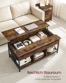 Mesa de centro 60 x 120 x (48-62) cm com altura ajustável e espaço de arrumação sob o tampo, castanho vintage-preto