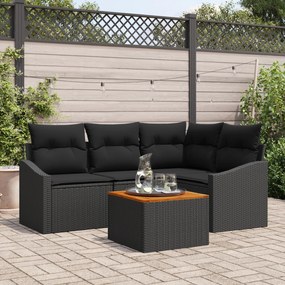 Conjunto de Sofá de 5 Peças para Jardim com Almofadas Preto Rattan Pol