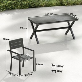 Conjunto de jantar de jardim de 7 peças para 6 pessoas, mesa e cadeiras empilháveis com ripas com efeito de madeira, estrutura em alumínio, cinzento