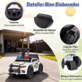 Andador de polícia deslizante para bebés com mais de 18 meses, com luzes, música e sirene, arrumação debaixo do assento, branco