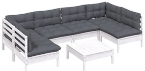 7 pcs conj. lounge de jardim c/ almofadões pinho maciço branco