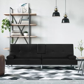 vidaXL Sofá-cama com suporte para copos couro artificial preto