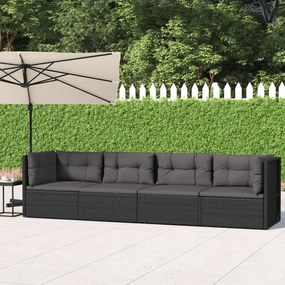 4 pcs conjunto lounge de jardim c/ almofadões vime PE preto