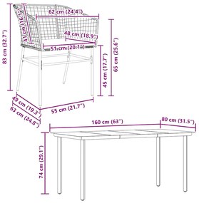 Conjunto jantar jardim 7 peças almofadas vidro vime PE castanho