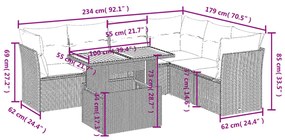 7 pcs conjunto sofás p/ jardim c/ almofadões vime PE cinzento