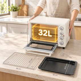 Forno Elétrico de Bancada 32 L 1600 W com 3 Modos de Calor Temporizador e Temperatura Regulável 52,2x38,1x33,5 cm Creme