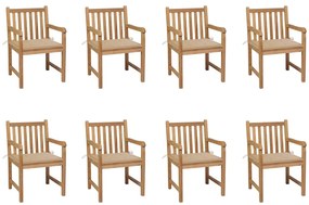vidaXL Cadeiras de jardim c/ almofadões bege 8 pcs teca maciça