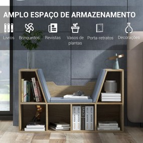 Estante para Livros 102x30x61 cm com Banco Integrado e 6 Cubos Estante Infantil com Assento Madeira e Cinzento
