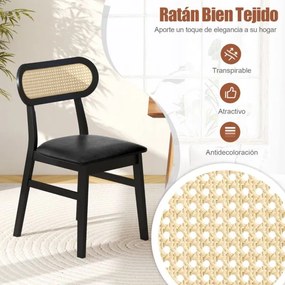 Conjunto de 2 cadeiras de jantar de madeira para interior com assento almofadado e encosto de cozinha em rattan com cobertura em pele sintética Preto