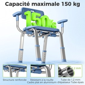 Banco de duche ergonómico com apoios de braços 60-70 (L) x 52 (P) x 62-72 (A) cm, encosto, altura e assento ajustáveis, azul