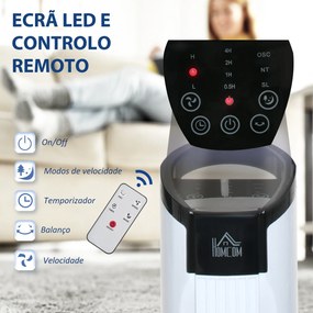 Ventoinha de Coluna 50W com Controlo Remoto 3 Velocidades Ecrã LCD Temporizador 7,5h e Oscilante 70° Ø20x78,5 cm Branco