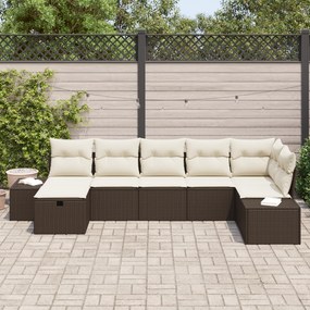 Conjunto de Sofá de Jardim de 7 Peças com Almofadas Castanho em Rattan