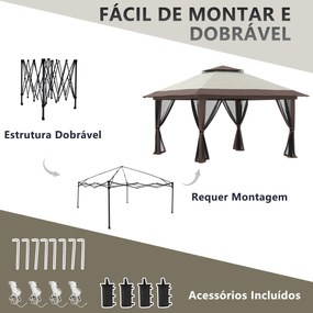 Tenda Dobrável Pop-UP 4x4x3 m com Altura Ajustável Proteção UV50+ Rede Mosquiteira e Bolsa de Transporte Bege e Castanho