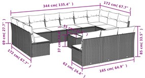 14 pcs conjunto sofás p/ jardim c/ almofadões vime PE cinzento