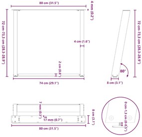 Pés para mesa de jantar em formato de U, 2 peças, aço natural, 80x(72-
