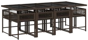 9 pcs conjunto jantar p/ jardim c/ almofadões vime PE castanho