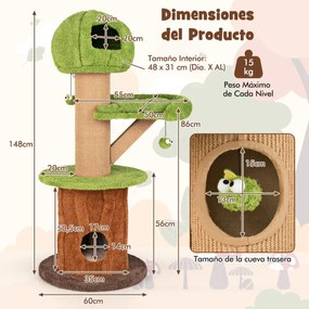 Arranhador para gatos em forma de árvore para interior 148 CM com 2 Cavernas Verde