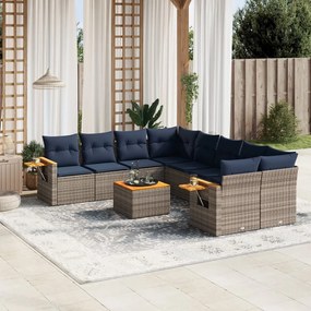 vidaXL 9 pcs conjunto sofás p/ jardim c/ almofadões vime PE cinzento