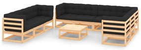 10 pcs conjunto lounge de jardim c/ almofadões pinho maciço