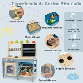 Cozinha de Brincar 2 em 1 para exterior 80 x 49 x 94 cm com torneira removível e cestos metálicos para crianças de 3 a 8 anos, azul