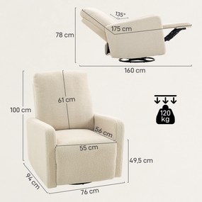 Poltrona reclinável, poltrona de relaxamento com apoio para os pés, giratória em 360° e reclinável, 76 x 94 x 100 cm, bege