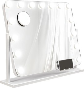 Espelho de maquilhagem 63 x 50 cm com iluminação LED de intensidade regulável, espelho de aumento, porta de carregamento USB, rotação de 360°,  branco