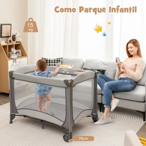 Berço Centro de atividades infantil portátil 5 em 1 com trocador de saia para protetor de berço Colchão removível 2 rodas cinto 110 x 78 x 78 cm Cinze