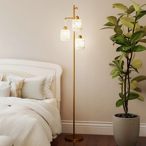 Candeeiro de pé vintage com 3 luzes 25x25x173 cm, abajur de papel tecido, interruptor de pedal, estrutura metálica, para sala, quarto ou escritório, D