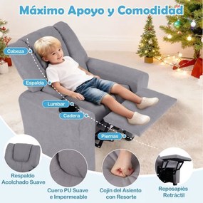 Poltrona reclinável para crianças em veludo, com porta-copos e apoio para os pés ajustável, para sala de estar ou área de jogos, a partir dos 3 anos,