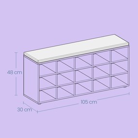 Banco para sapatos com espaço de arrumação, sapateira com assento 30 x 105 x 48 cm castanho-cinzento