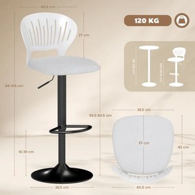 Conjunto de 2 Bancos Altos de Cozinha Giratórios a 360° Reguláveis em Altura de 84-105 cm 40,5x43x84-105 cm Branco