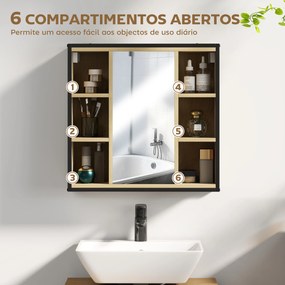 Armário de Casa de Banho com Espelho Prateleira Ajustável e 6 Compartimentos Abertos 60x16x58,5 cm Madeira