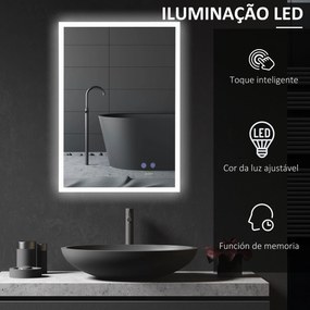 Espelho Casa de Banho com Luz LED Espelho de Parede com Iluminação 70x50cm Interruptor Tátil 3 Luzes Ajustáveis Função Anti-Embaciamento e Estrutura d