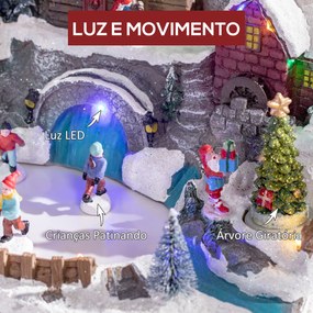 HOMCOM Aldeia de Natal Cena Decorativa de Natal Iluminada com Luzes LED Árvore Giratória e Pista de Patinagem Decoração de Natal de Mesa 32x25,5x24cm Multicor