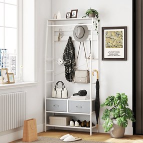 Móvel Cabide de Entrada com Banco Sapateira 8 Ganchos 2 Gavetas de Tecido Barra Prateleira 80x30x180,5 cm Branco e Cinza