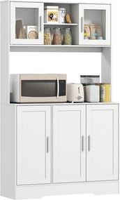 Armário de cozinha de estilo escandinavo 108 x 35 x 180 cm, compartimentos abertos, portas de vidro e bancada, branco