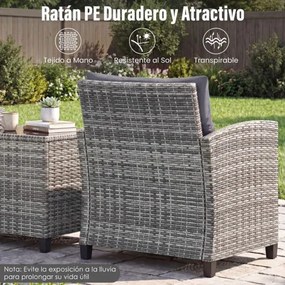 Conjunto de Jardim de 3 peças em rattan com almofadas macias e mesa em vidro temperado para varanda, alpendre ou jardim - cinzento