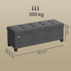 Banco com espaço de arrumação 38 x 110 x 40 cm, baú dobrável com tampa articulada, quarto e sala de estar, efeito de linho cinzento