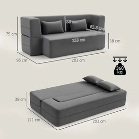 Sofá-cama de 2 Lugares, 203 x 95 x 75 cm, Transformável em Cama de Casal, Cinzento