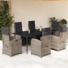 7 pcs conjunto de jantar p/ jardim c/ almofadões vime PE cinza