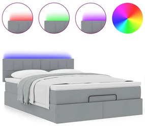 Cama Otomana com Colchão &amp; LEDs Cinzento Claro 140x190cm Tecido