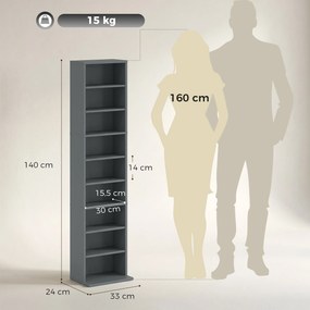 Organizador para CD e DVD com 9 compartimentos e 6 prateleiras ajustáveis; capacidade máxima de 260 CD/120 DVD; 33 x 24 x 140 cm; cinzento