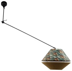 Candeeiro Pendente Preto com Abajur Duplo em Veludo, Design Folha e Bege - Blitz Clássico / Antigo,Moderno