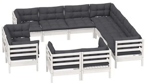 11 pcs conj. lounge de jardim c/ almofadões pinho maciço branco