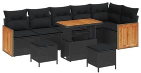 Conjunto de Sofás de Jardim de 9 Peças com Almofadas Preto Polirattan