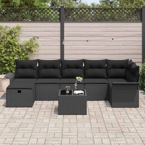 Conjunto de Sofás de Jardim de 8 Peças com Almofadas Preto Vime PE