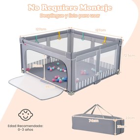 Parque infantil para bebés 127 x 127 x 72,5 cm.  com 50 bolas oceânicas e 4 pegas, com porta com fecho de correr para 0-3 anos. Cinza escuro