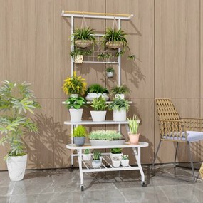 Estante para plantas de 4 níveis com estrutura metálica com rodas, escada e barra 80 x 85 x 175 cm para sala de estar, varanda e pátio Branco